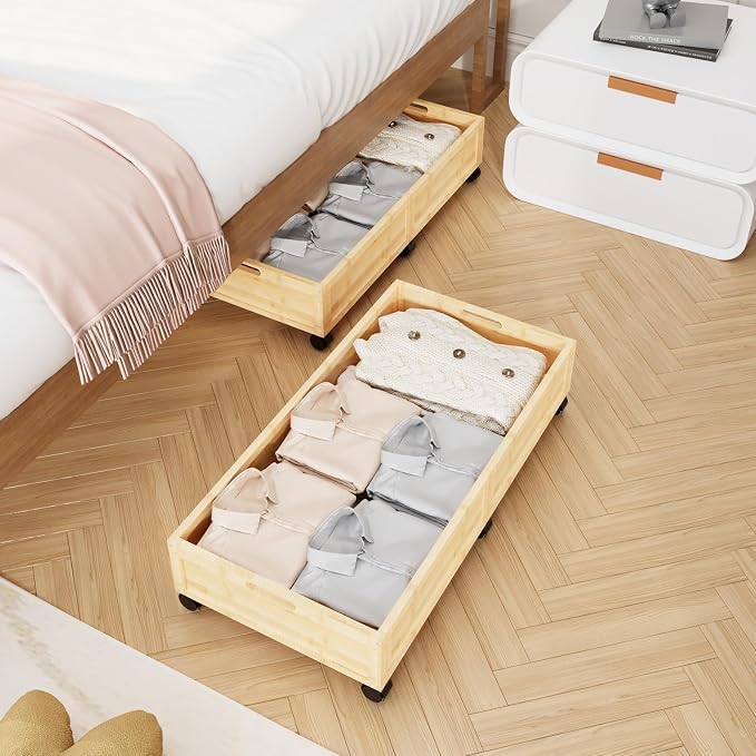 Bamboo Under Bed Storage Containers, Rolling Underbed Organizer by WisuceHome