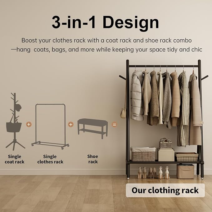 Solid Wood Clothing Rack, Rolling Clothes Rack - Image 7