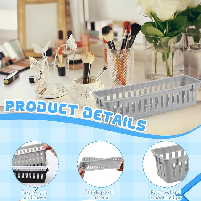 6 Pcs Gray Slim Plastic Storage Baskets Tray 10 x 3 x 2.5 Inch Compact - Image 3
