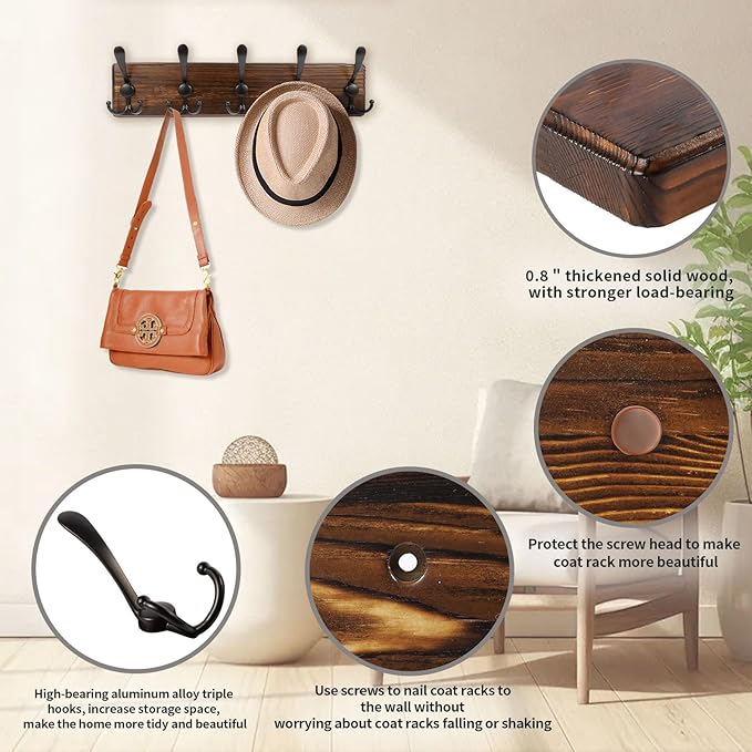 2 Pack Coat Rack Wall Mount 16.8'' Rustic Hat Rack - Image 5