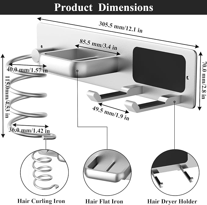 Tindbea Hair Dryer Holder Curling Iron Holder Flat Iron, Blow Dryer Holder Wall - Image 3