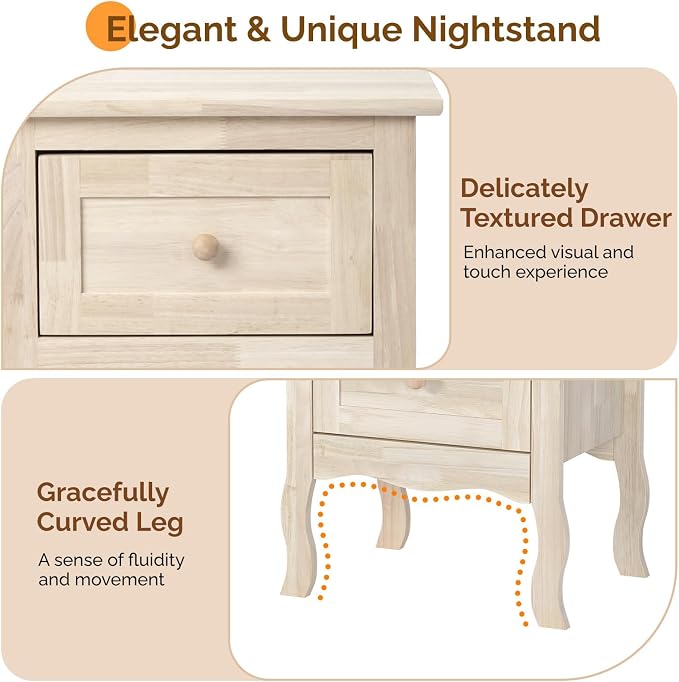 VINGLI Nightstands Set of 2, Unfinished Solid Wood Nightstand Color DIY - Image 6