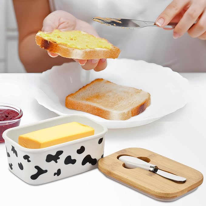 Large Butter Dish with Lid for Countertop, Cow Ceramic Butter Container with - Image 3