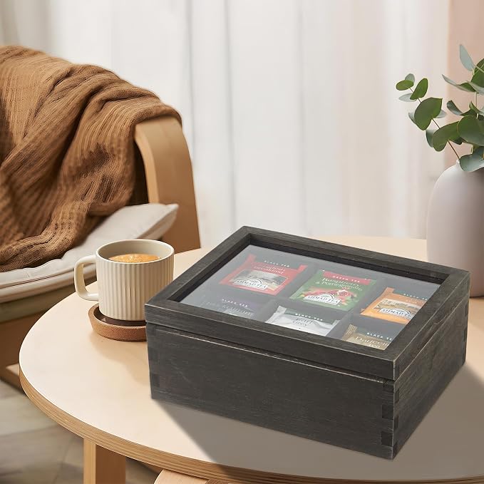 LI.TOPWP Black Wood Tea Bag Organizer, 6 Compartment Multi-Functional Tea Box - Image 7