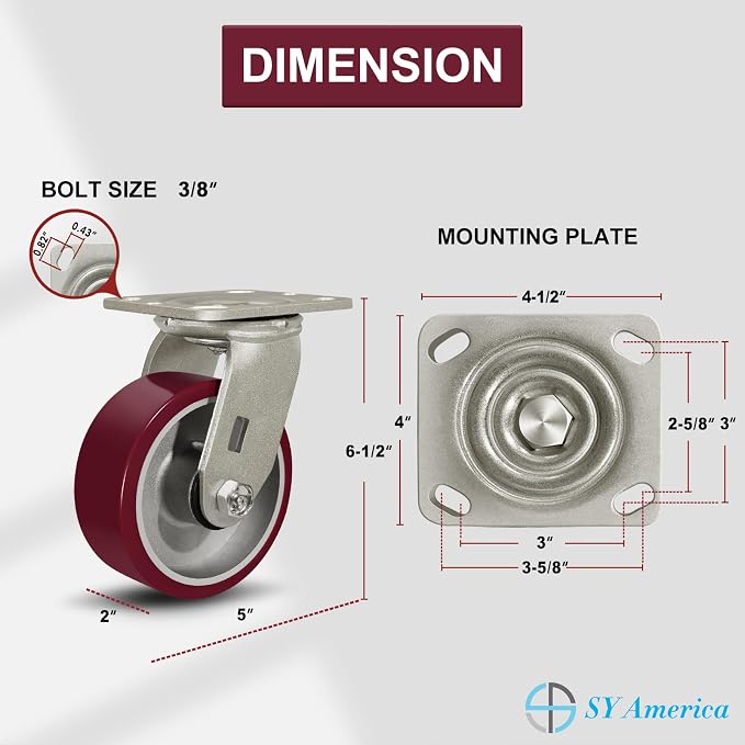 SY America 5" X 2" Casters Wheels, Heavy Duty Industrial Casters，Polyurethane - Image 2