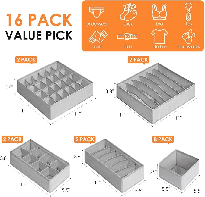 Criusia 16 Pack Sock Underwear Drawer Organizer, 96 Cells Dresser Organizer - Image 3
