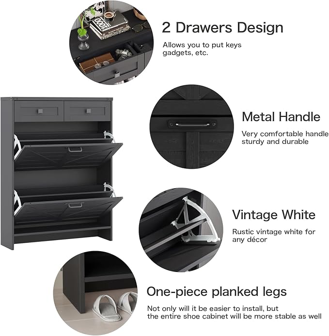Shoe Cabinet with 2 Flip Drawers & 2 Drawers, Farmhouse Shoe Storage Cabinet - Image 3