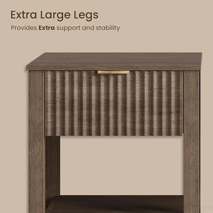Fluted Night Stand with Golden Handle, Bedside Table with Storage Shelf - Image 6