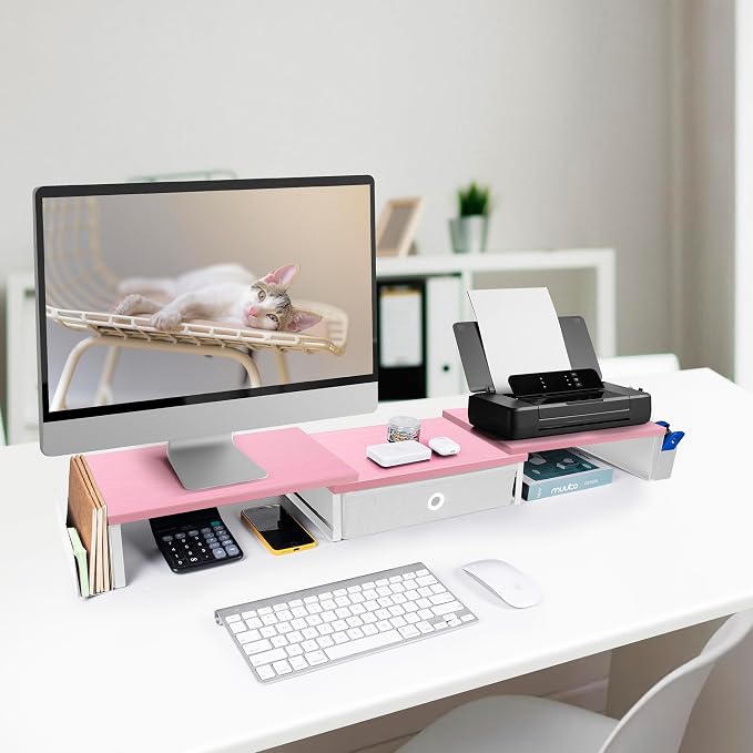 Dual Monitor Stand Riser With Drawer & Metal Leg, Large Desk Shelf - Image 2