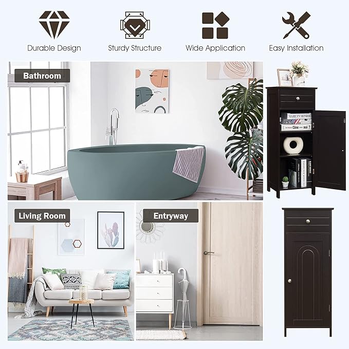 HAPPYGRILL Bathroom Floor Cabinet, Single Door Floor Storage Cabinet Organizer - Image 8