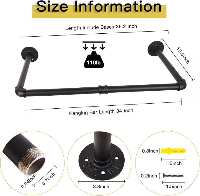 36” Wall Mounted Clothes Rack, Industrial Pipe Black Iron Garment Bar, - Image 5