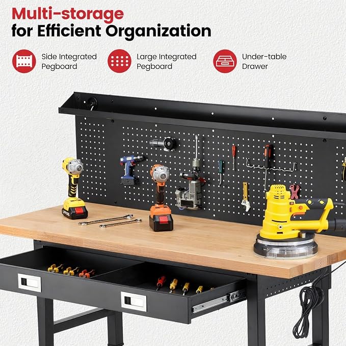 Work Bench with Wheels 60 x 22 Inch Heavy Duty Rubberwood Tabletop Work Table - Image 3