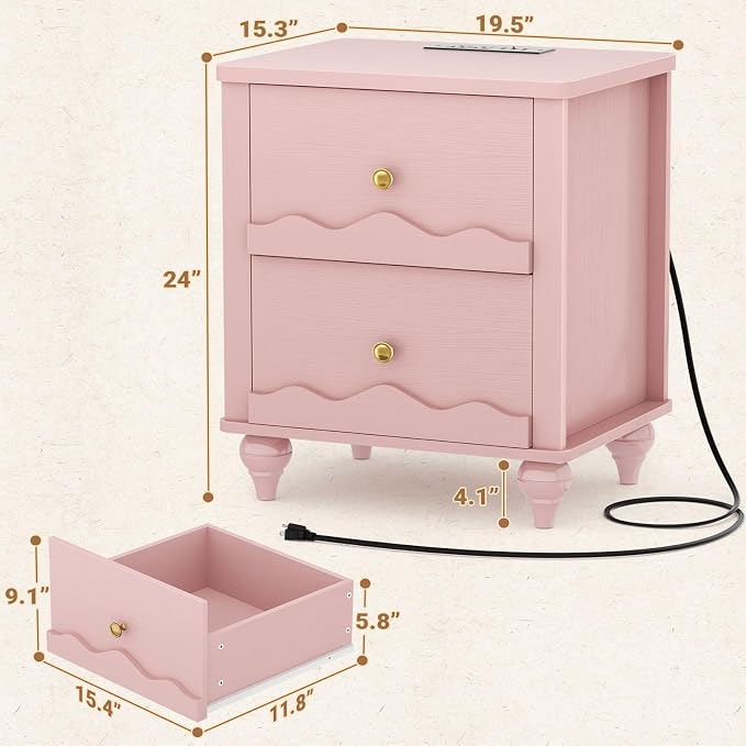 Cyclysio Nightstand with Charging Station, Side End Table with 2 Drawers - Image 2