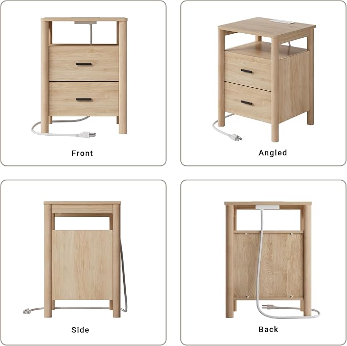 Night Stand Set of 2 with Charging Station, 2 Drawers End Table with Open Shelf - Image 7