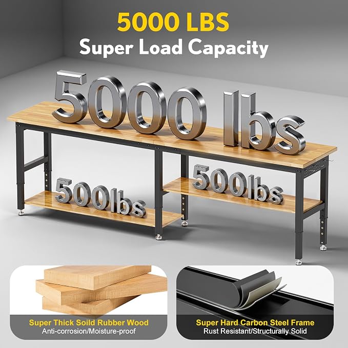 96” Adjustable Work Bench, 2-Layer Heavy Duty Workbench, 6000 LBS Capacity - Image 4
