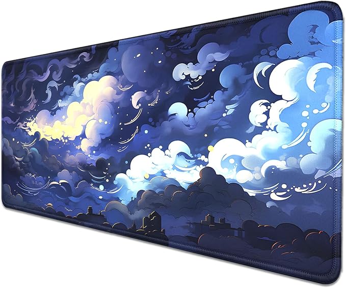 Blue Clouds Mouse Pad, Extended Stars Sky Dark Blue Clouds Mousepad Desk Pad - Image 2
