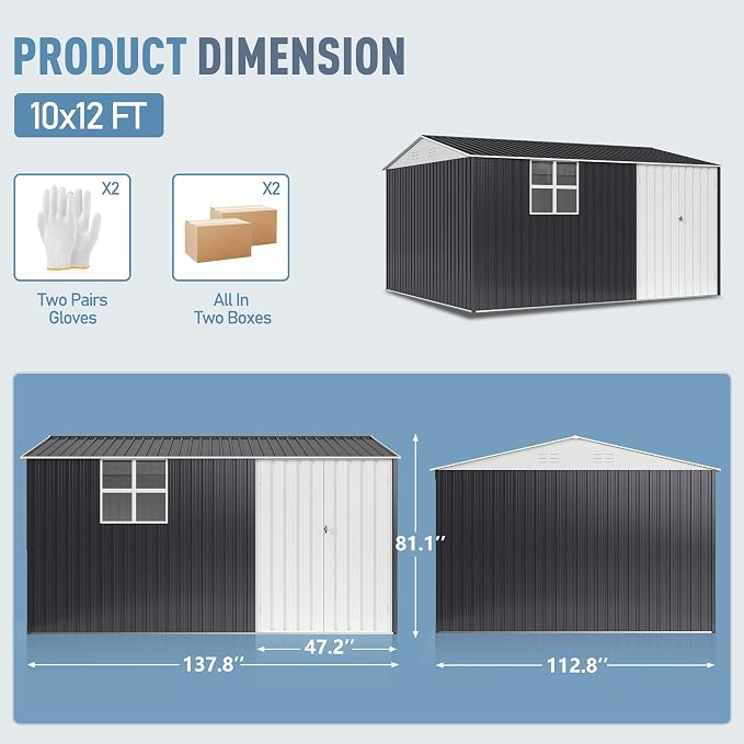 10x12 FT Outdoor Metal Storage Shed - Image 2