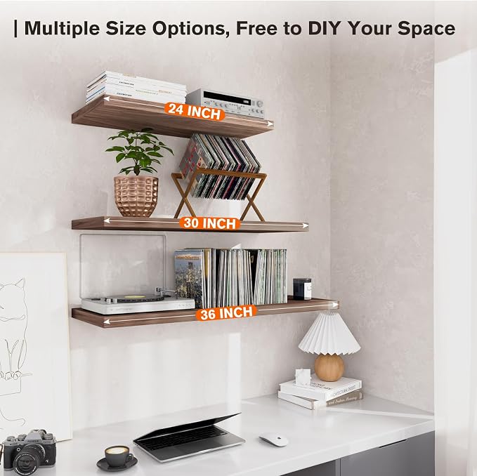 Wall Shelf Set of 3, Walnut Floating Shelves 24 in W x 10 in D x 1 in H - Image 6