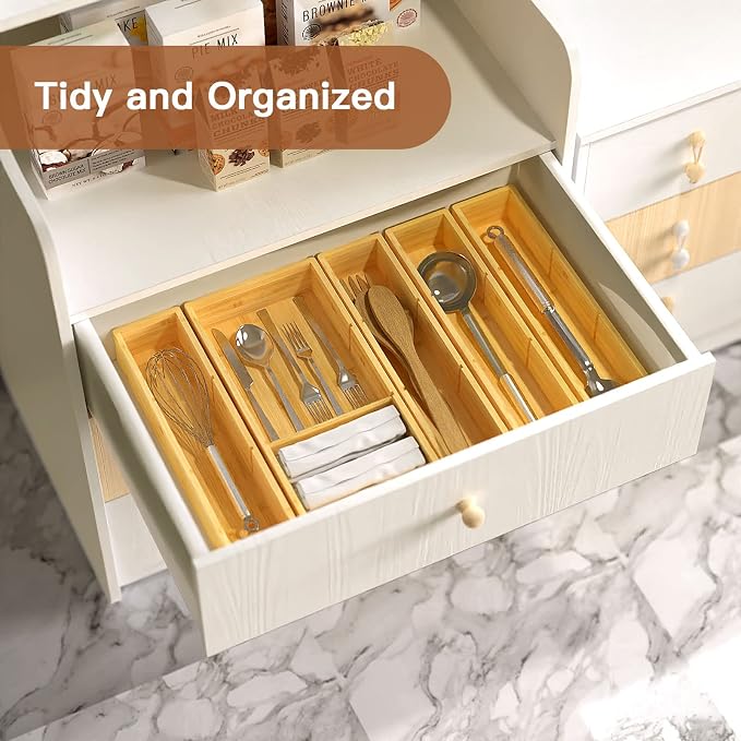 5 pieces Bamboo Drawer Organizer, Adjustable 3 Individual Junk Drawer organizer - Image 6