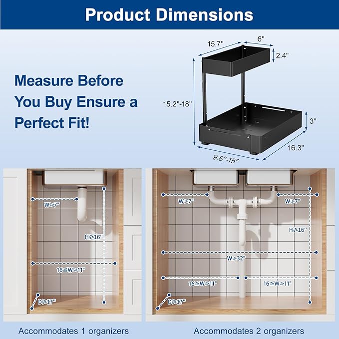 Insputer 2 Pack Under Sink Organizer, 2 Tier Under Cabinet Storage Expandable - Image 5