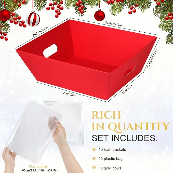 AFOROEOA 10PACK Red Baskets For Gifts Empty, 10x12”Thick Kraft Gift Basket - Image 2