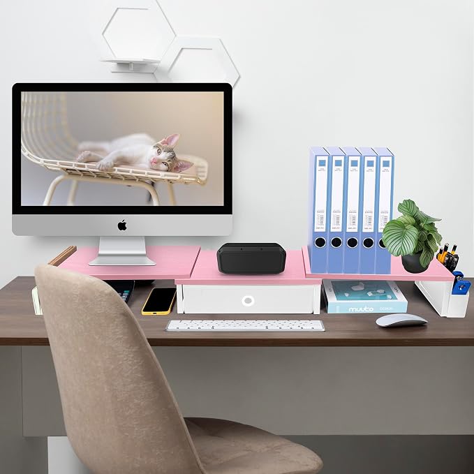 Dual Monitor Stand Riser With Drawer & Metal Leg, Large Desk Shelf - Image 6