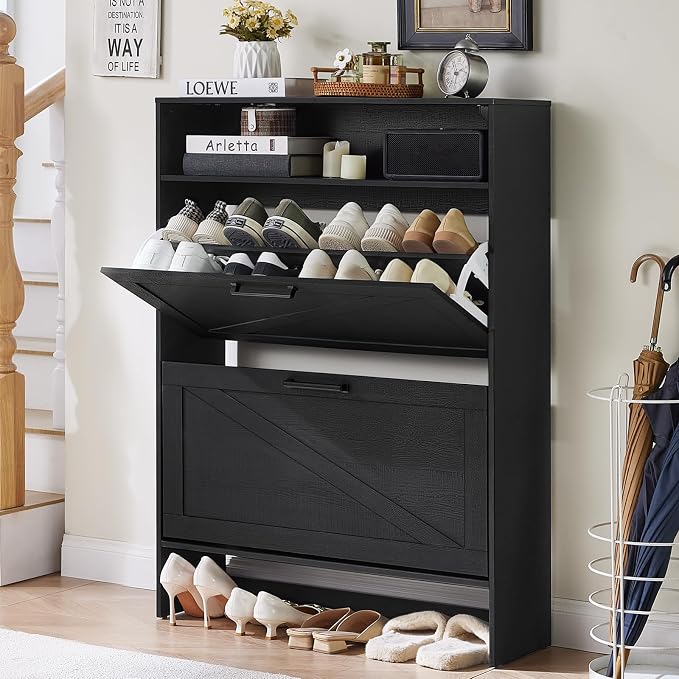 Shoe Storage Cabinet with 2 Flip Drawers, Farmhouse Narrow Shoe Organizer with by RWYHG