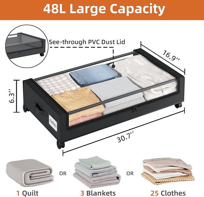 Somdot Under Bed Storage with Wheels, 2 Pack Bed Storage Containers with - Image 2