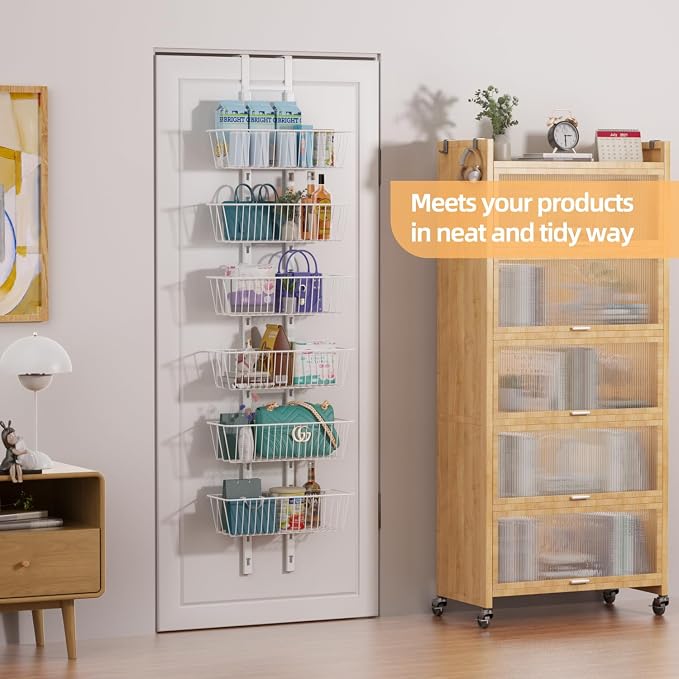 6 Tier Over the Door Pantry Organizer, Foldable Metal Over the Door Hanging - Image 2