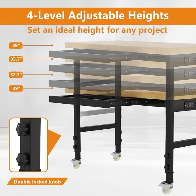 48" Work Bench with Drawers, Adjustable Height Workbench with Wheels, - Image 4