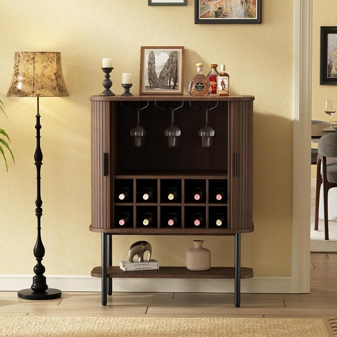 Coffee Bar Cabinet with Storage, Fluted Wine Cabinet with Sliding Doors by FiveWillowise