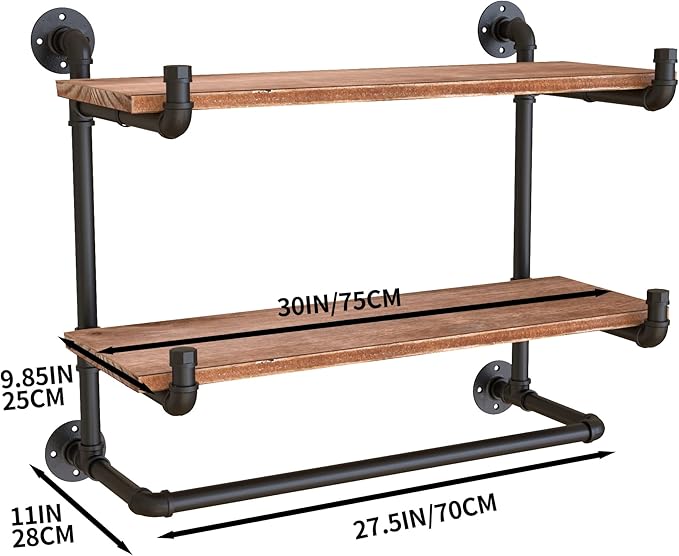 30in Industrial Pipe Clothing Rack, 2-Tier Wall Mounted Clothes Rack, Pipe - Image 7