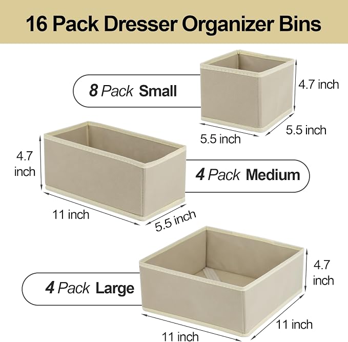16 Pcs Drawer Organizer, Fabric Closet Organizer and Storage Baskets, Foldable - Image 2
