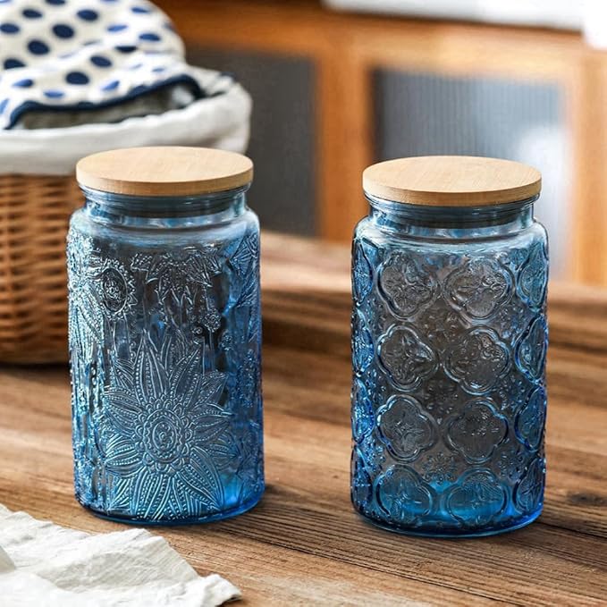 ANSQU Blue Glass Jars, 34oz Vintage Glass Kitchen Storage Counter Jar, Candy - Image 3