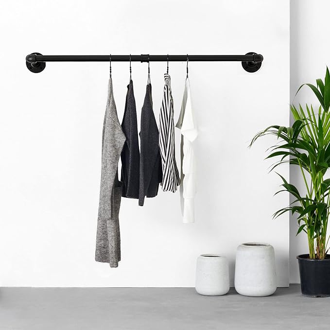 48” Wall Mounted Clothes Rack, Industrial Pipe Black Iron Garment Bar, - Image 7