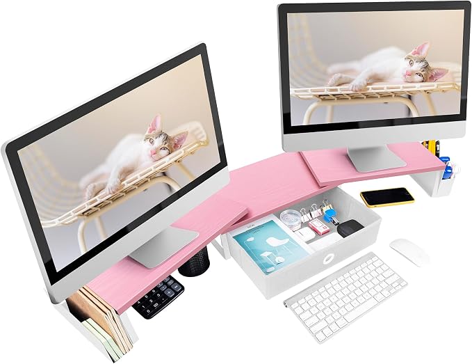 Dual Monitor Stand Riser With Drawer & Metal Leg, Large Desk Shelf - Image 7
