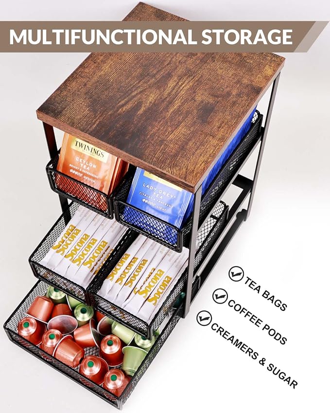 Tea Bag Organizer with 5 Drawers, Wooden & Metal Tea Storage Organizer - Image 6