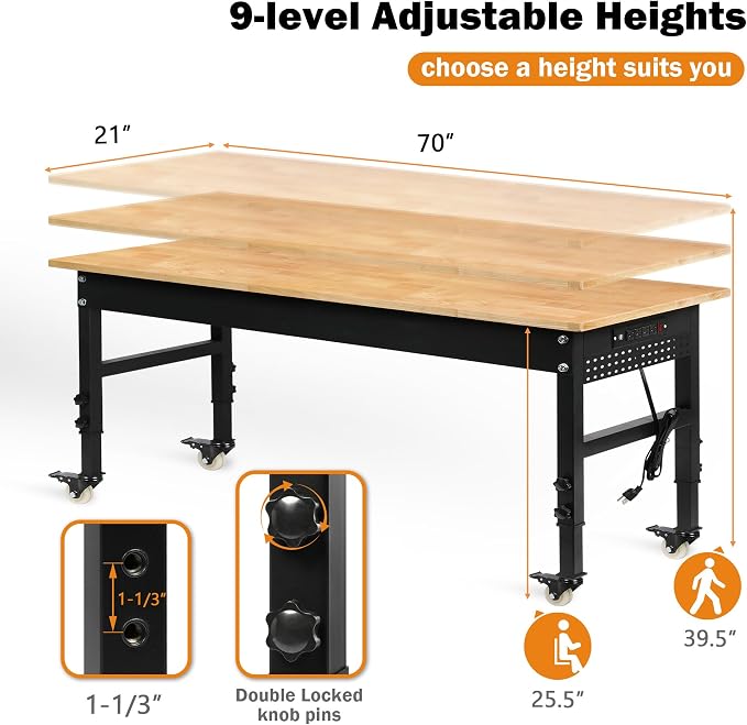Betterhood 70" Adjustable Workbench on Wheels, 2000 LBS Heavy Duty Work Table - Image 3