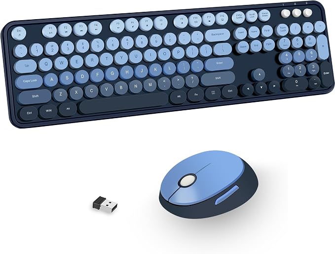 Wireless Keyboard and Mice Combo, Retro Round Keys Full-Sized Cute Keyboard by Kootop