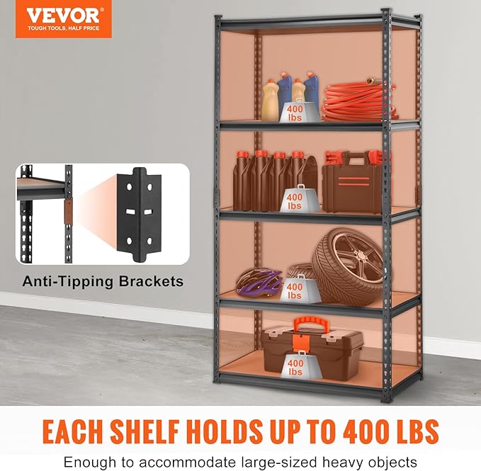 VEVOR Storage Shelving Unit, 5-Tier Adjustable, 2000 lbs Capacity, Heavy Duty - Image 3