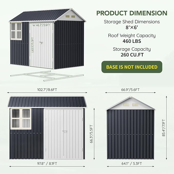 8x6 FT Outdoor Metal Storage Shed - Image 2