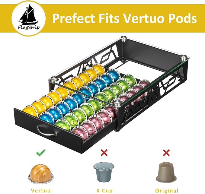 FlagShip Vertuo Pod Holder- Modern Glass Top Coffee Capsule Organizer & - Image 4