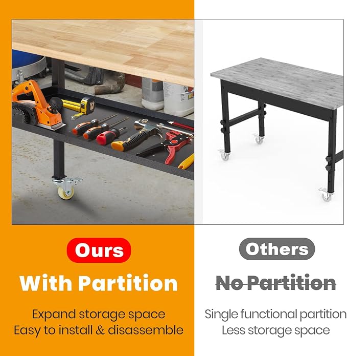 48"/60'' Adjustable Workbench, Rubber Wood Top Work Bench Heavy-Duty Work Table - Image 3