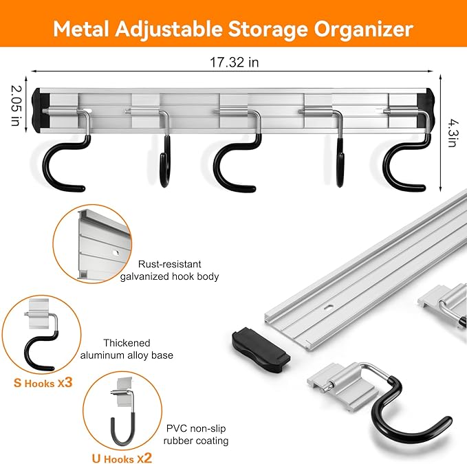 34.5'' Aluminum Alloy Garden Tool Organizer Wall Mount Garage Organizers and - Image 2