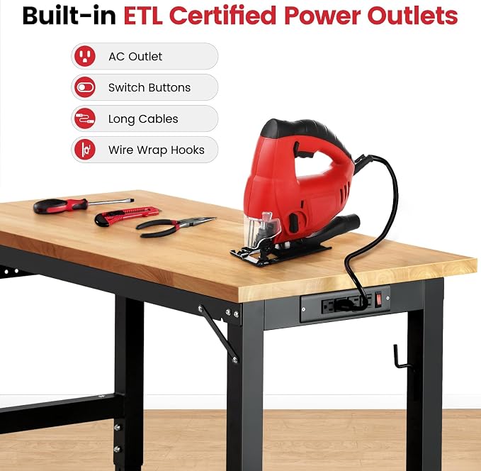 Work Bench with Wheels 48 x 20 Inch Heavy Duty Rubberwood Tabletop Garage - Image 6