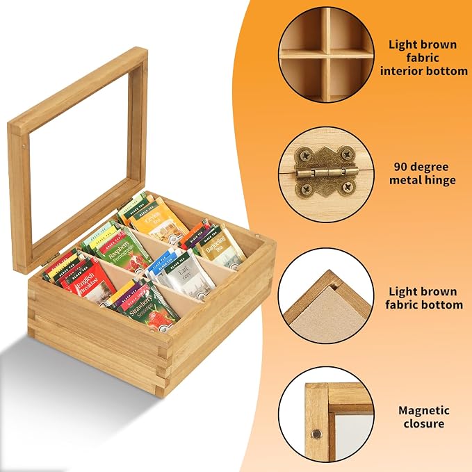 Wood Tea Bag Organizer, 6 Compartment Multi-Functional Tea Box and Storage - Image 6
