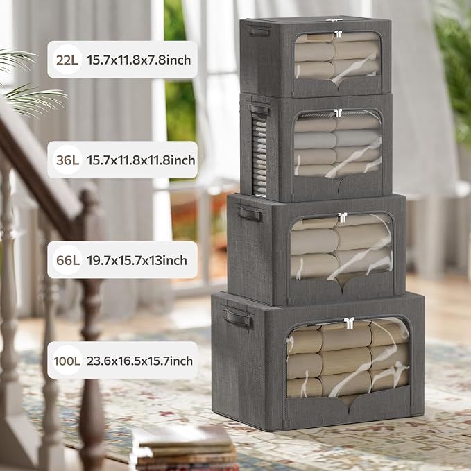 FHSQX 3 Pack Clothes Storage Bins Foldable Metal Frame Storage Box Stackable - Image 4