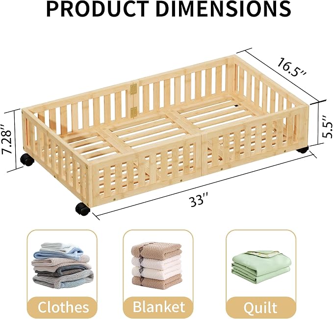 Bamboo Under Bed Storage with Wheels, Rolling Underbed Shoe Organizer Box - Image 2