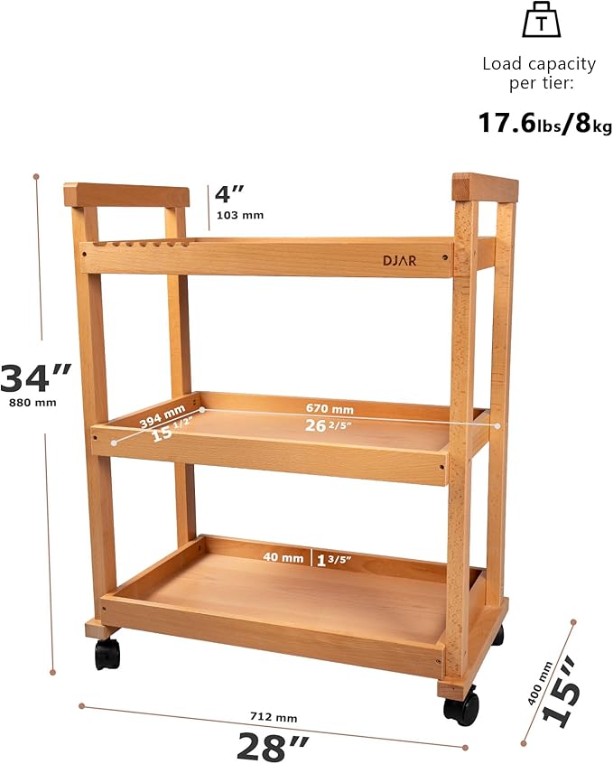 DJAR Rolling Art Supplies Cart, Solid Beech Wood Art Supply Organizert - Image 3