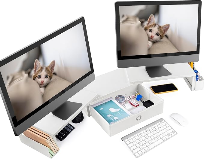 Dual Monitor Stand Riser w/ Drawer & Metal Leg, Large White Computer Monitor - Image 7
